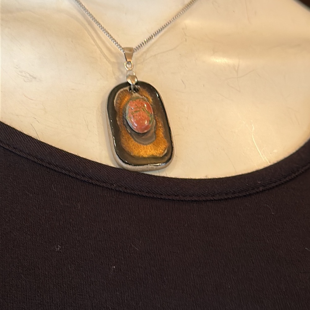 XVintage Calderon ceramic enamel and stone cabochon necklace on sterling chain
